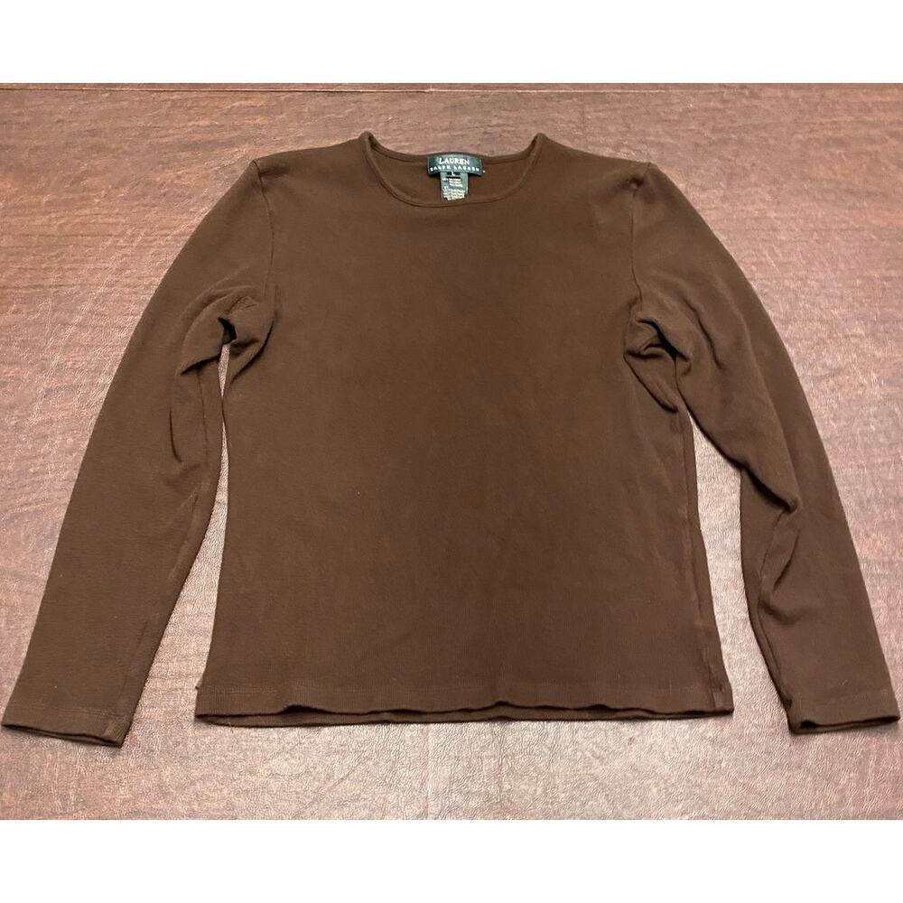 Lauren Ralph Lauren Women’s Brown Ribbed Long Sleeve Top‎ Size L Stretch Classic